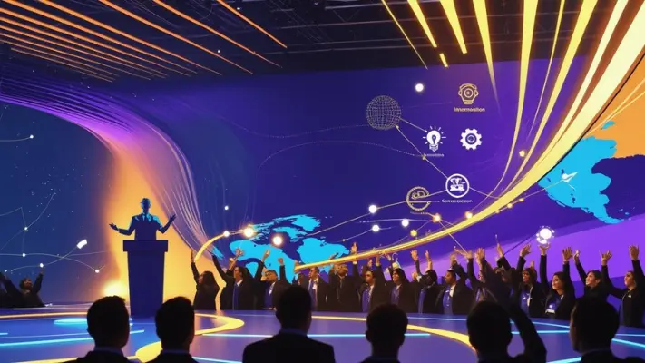 Conferencia de negocios con presentador en escenario y audiencia frente a pantalla con mapamundi e íconos tecnológicos