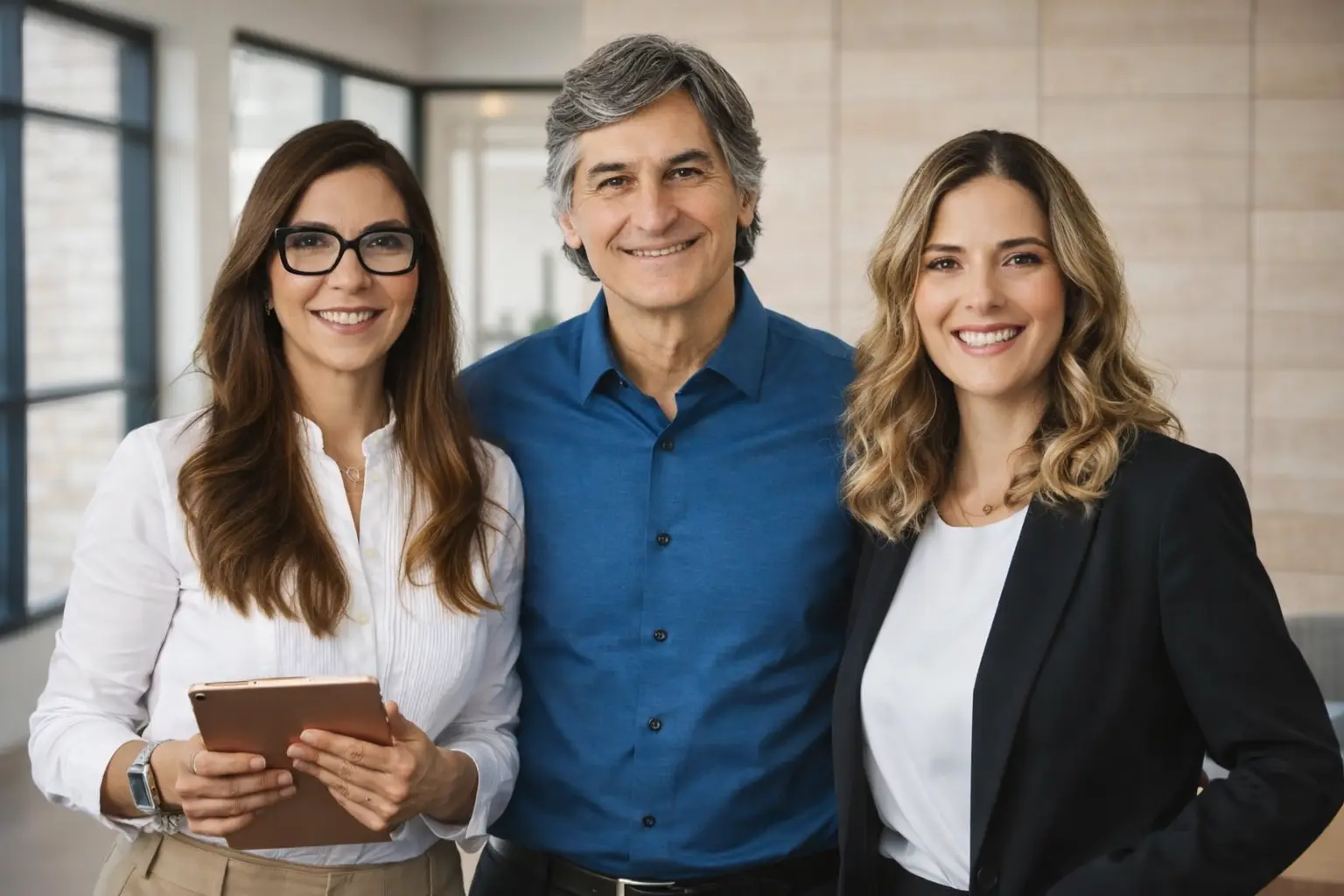 Foto grupal de dos mujeres y un hombre, integrantes del equipo de José Echeverri, sonriendo en un entorno profesional iluminado, transmitiendo cercanía y confianza.